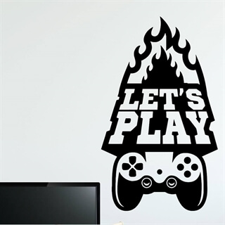 Wandtattoo mit dem Text Let's Play und einem Controller in Flammen